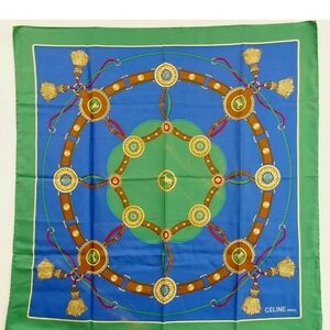 Celine Green and Blue Silk Scarf with Gold Accents